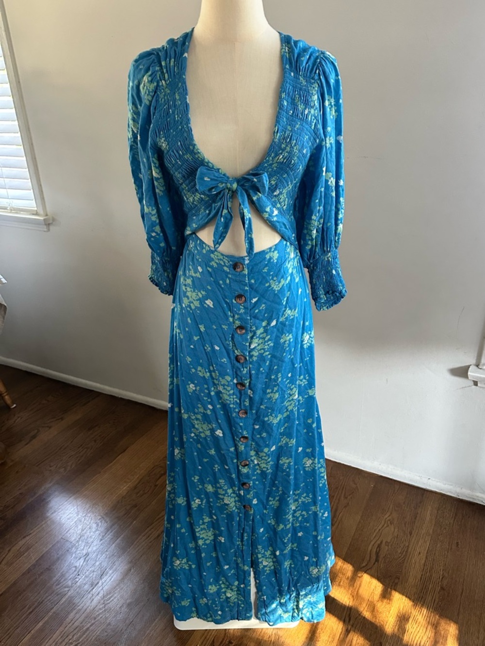 Free People Teal Floral Tie Front Maxi Dress Boho Button Front Romantic